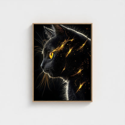 Mystical Black Golden Animal Framed Wall Art Canvas Print - Dark Fantasy Cat Portrait Artwork