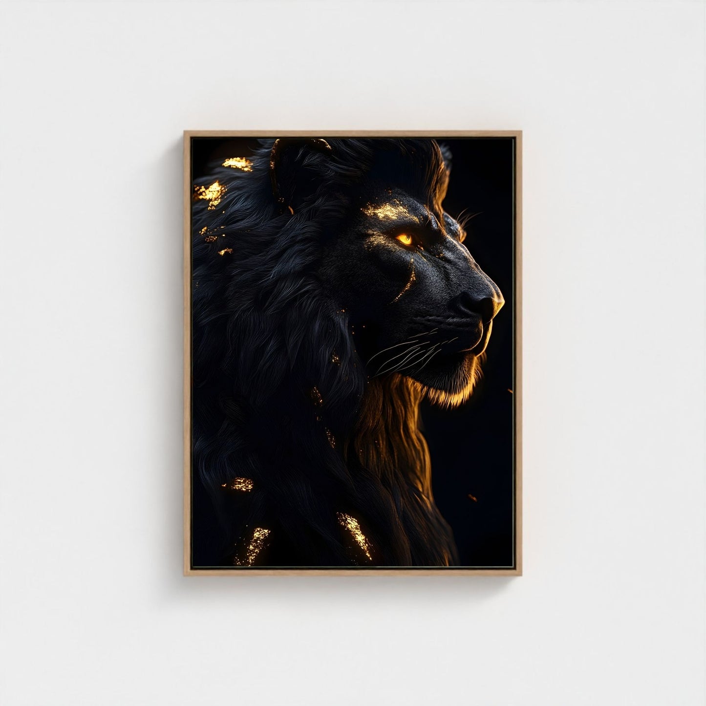 Black Golden Lion Framed Wall Art Canvas Print - Dark Fantasy Wild Animal Portrait Artwork for Modern Gothic Decor