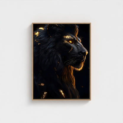 Black Golden Lion Framed Wall Art Canvas Print - Dark Fantasy Wild Animal Portrait Artwork for Modern Gothic Decor