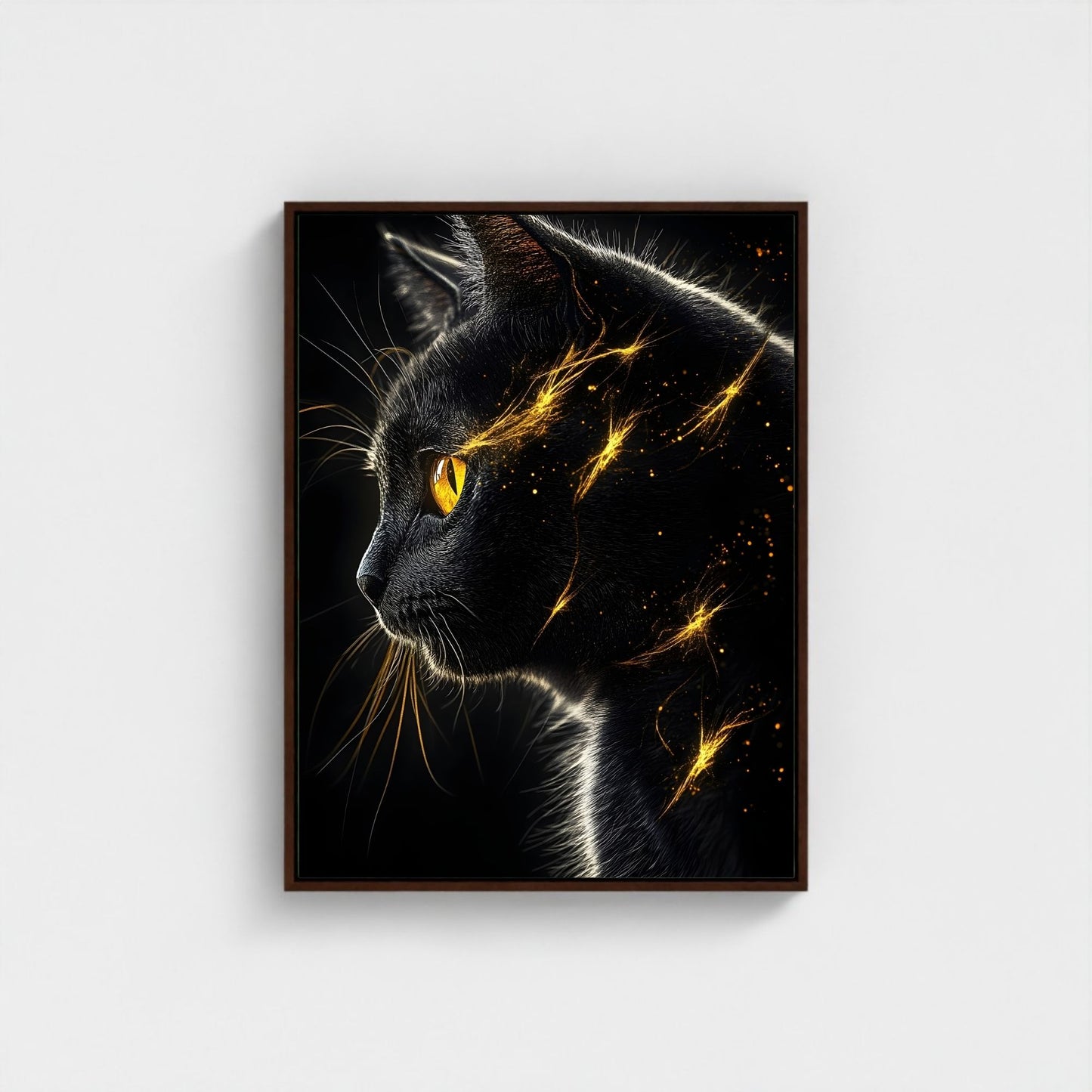 Mystical Black Golden Animal Framed Wall Art Canvas Print - Dark Fantasy Cat Portrait Artwork