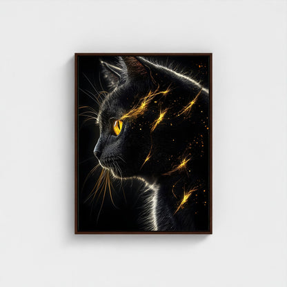 Mystical Black Golden Animal Framed Wall Art Canvas Print - Dark Fantasy Cat Portrait Artwork