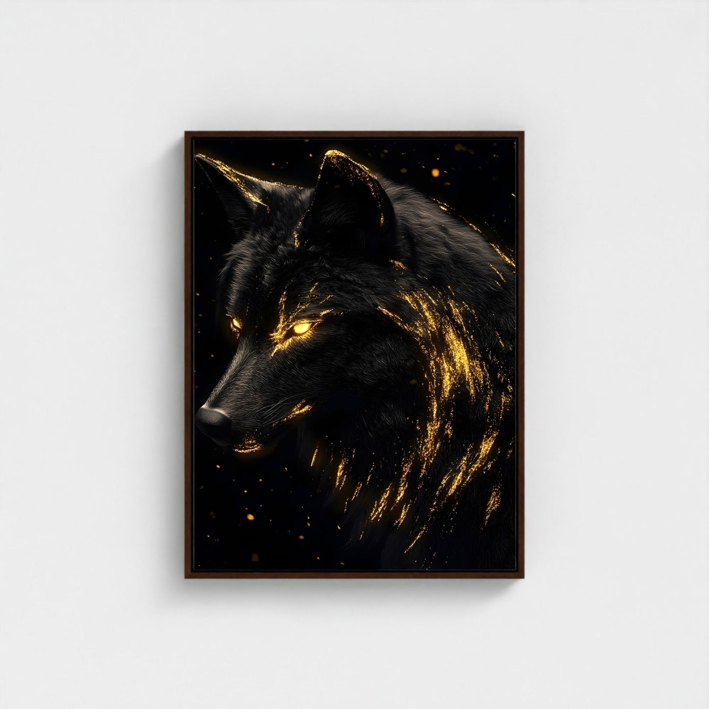 Mystical Black Golden Wolf Framed Wall Art Canvas Print - Dark Fantasy Wolf Portrait Artwork