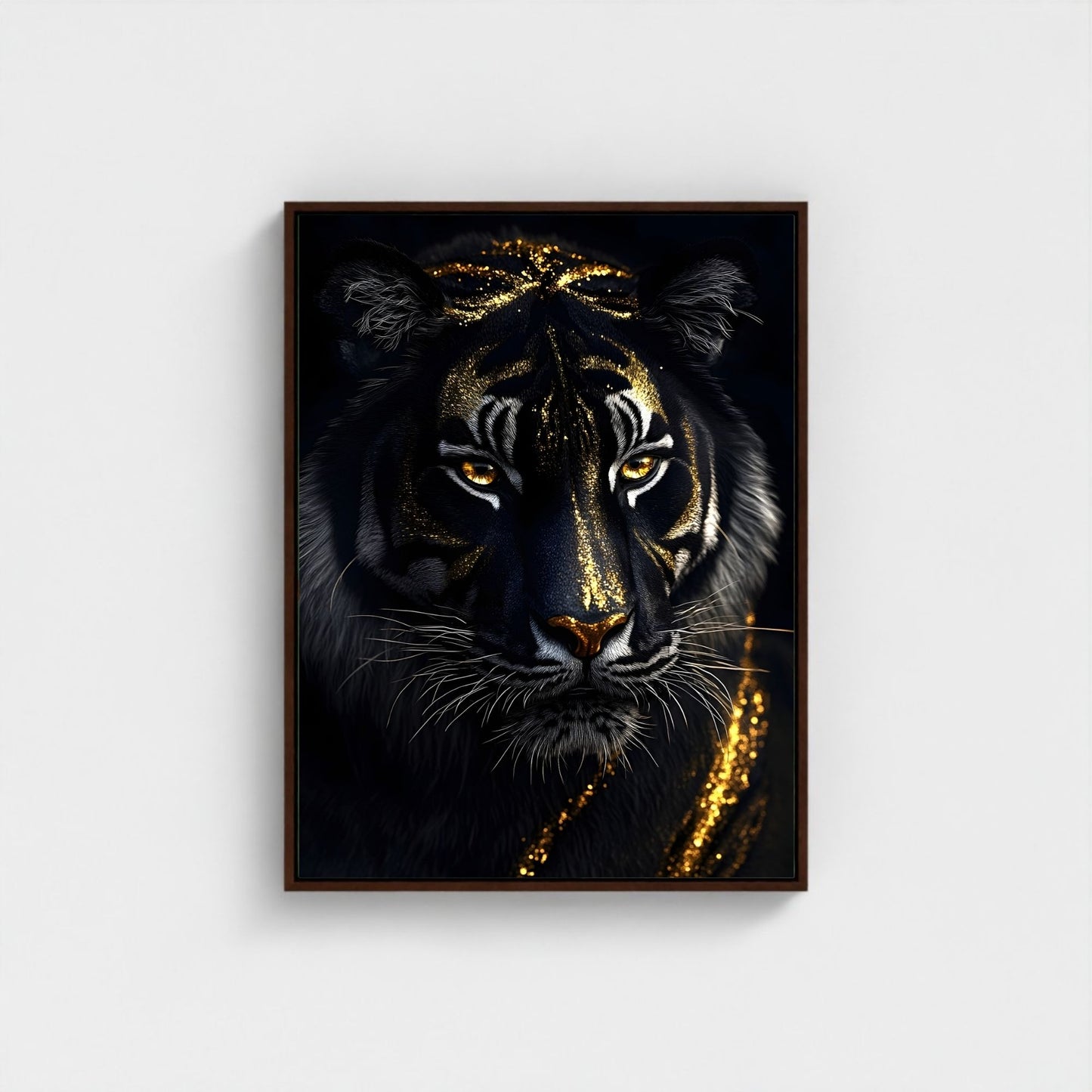 Mystical Black Golden Tiger Framed Wall Art Canvas Print - Dark Fantasy Animal Portrait Artwork