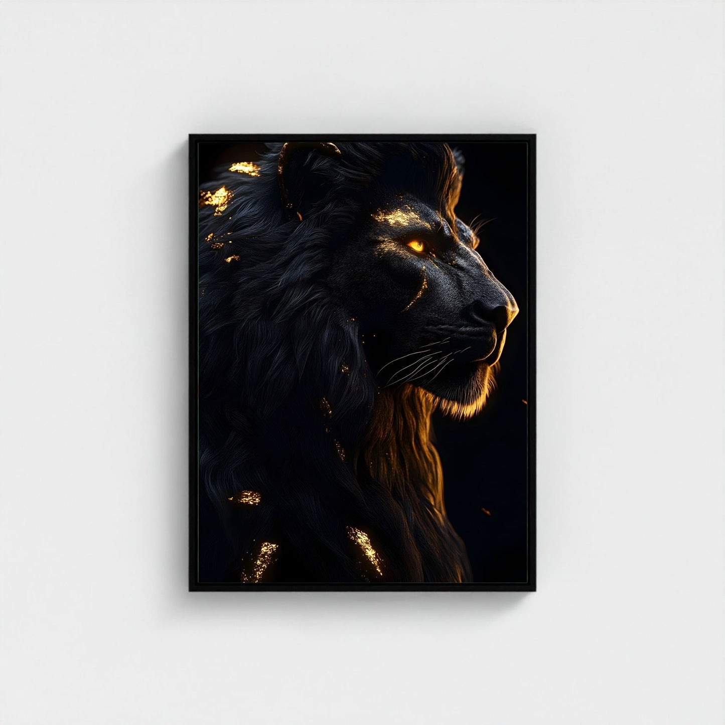 Black Golden Lion Framed Wall Art Canvas Print - Dark Fantasy Wild Animal Portrait Artwork for Modern Gothic Decor