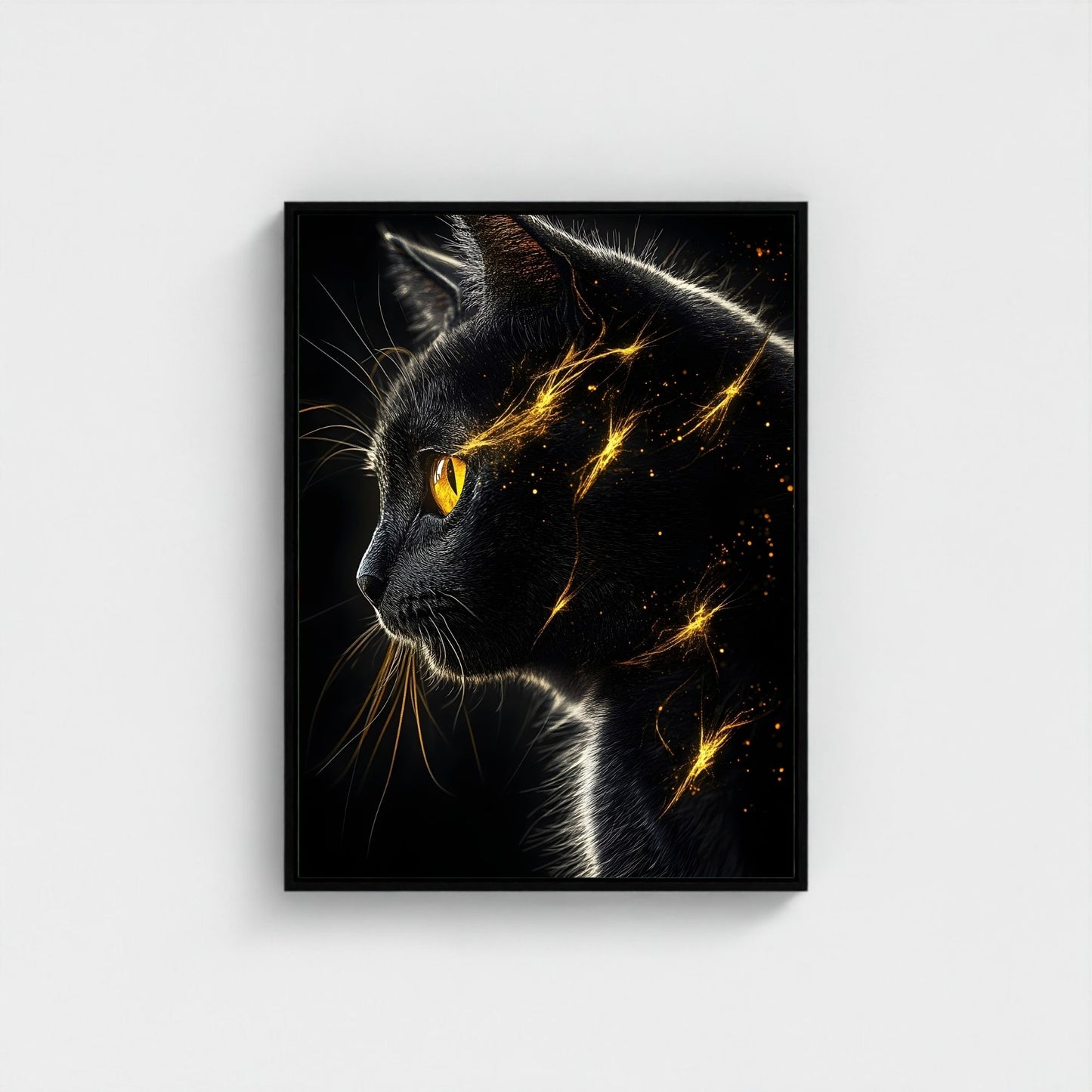 Mystical Black Golden Animal Framed Wall Art Canvas Print - Dark Fantasy Cat Portrait Artwork