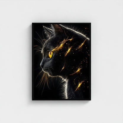 Mystical Black Golden Animal Framed Wall Art Canvas Print - Dark Fantasy Cat Portrait Artwork
