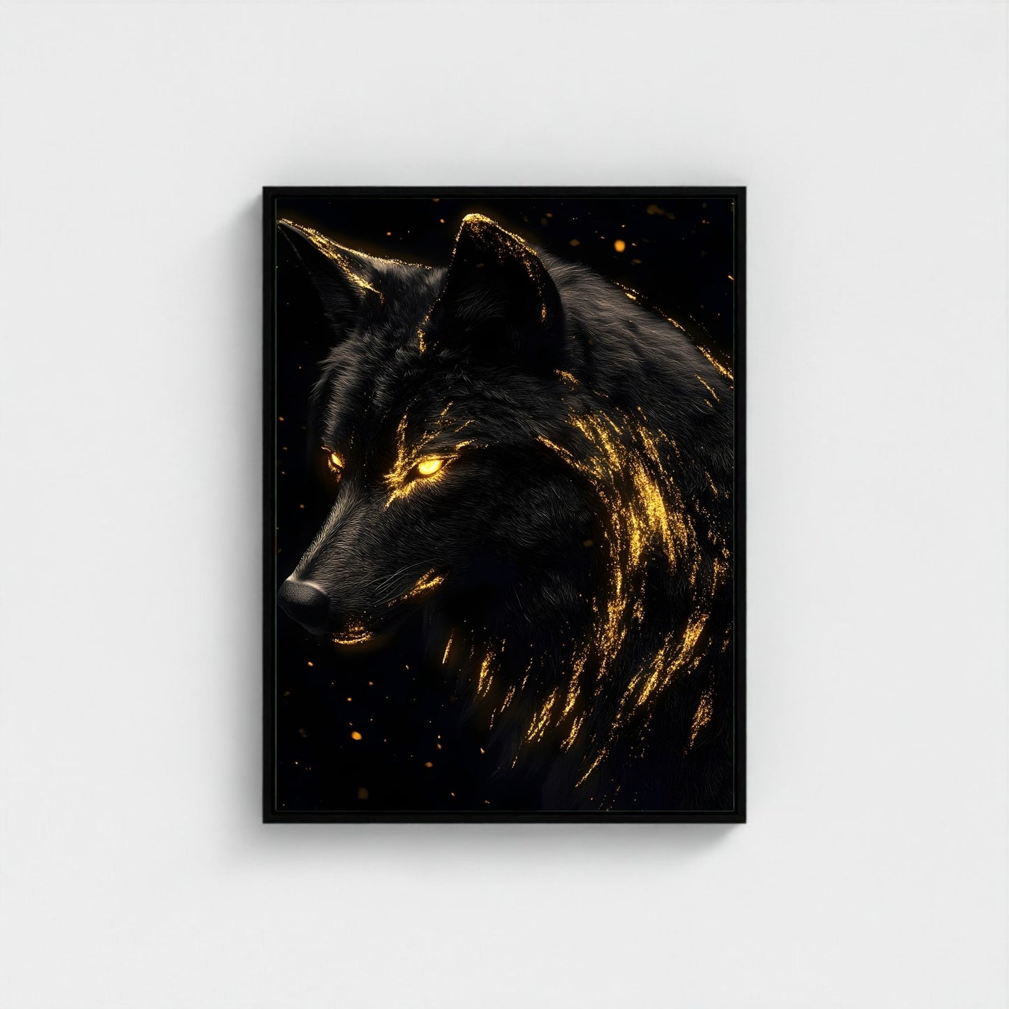 Mystical Black Golden Wolf Framed Wall Art Canvas Print - Dark Fantasy Wolf Portrait Artwork