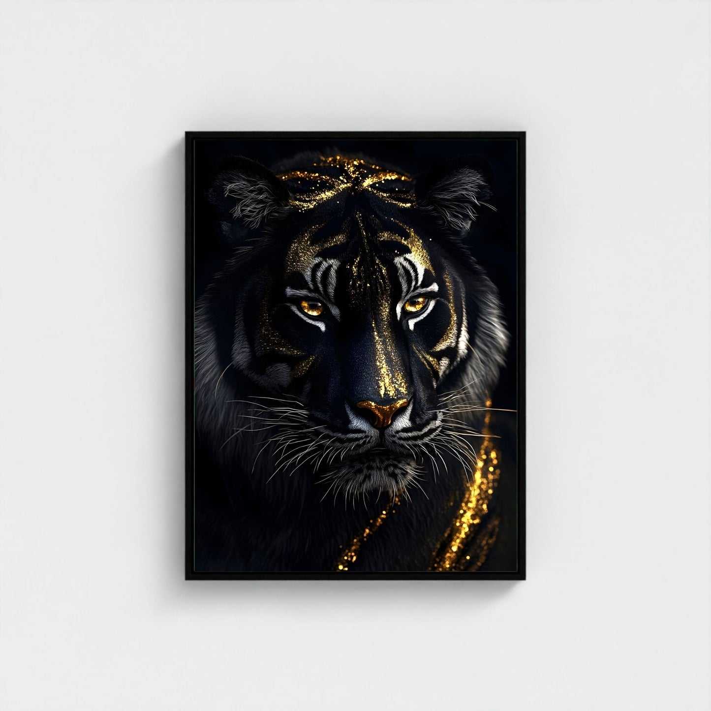 Mystical Black Golden Tiger Framed Wall Art Canvas Print - Dark Fantasy Animal Portrait Artwork