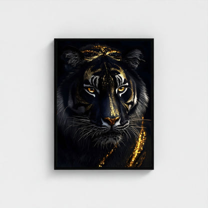 Mystical Black Golden Tiger Framed Wall Art Canvas Print - Dark Fantasy Animal Portrait Artwork