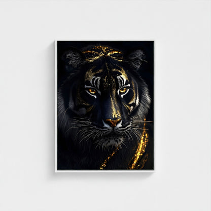 Mystical Black Golden Tiger Framed Wall Art Canvas Print - Dark Fantasy Animal Portrait Artwork