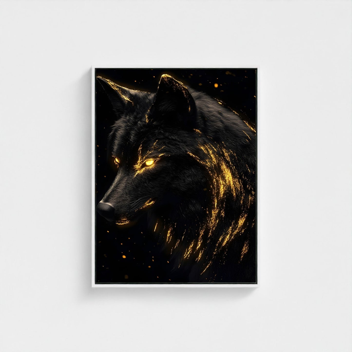 Mystical Black Golden Wolf Framed Wall Art Canvas Print - Dark Fantasy Wolf Portrait Artwork