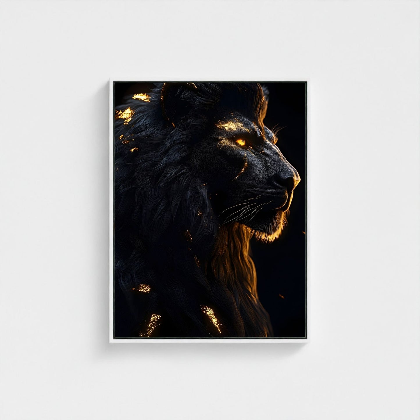 Black Golden Lion Framed Wall Art Canvas Print - Dark Fantasy Wild Animal Portrait Artwork for Modern Gothic Decor