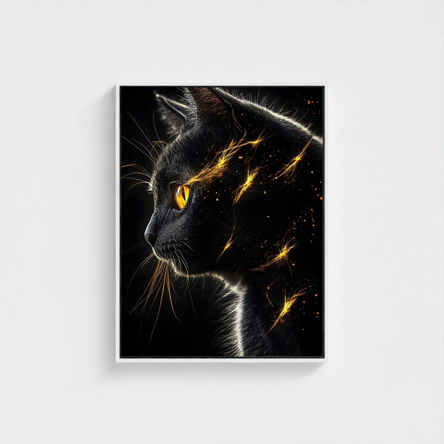 Mystical Black Golden Animal Framed Wall Art Canvas Print - Dark Fantasy Cat Portrait Artwork