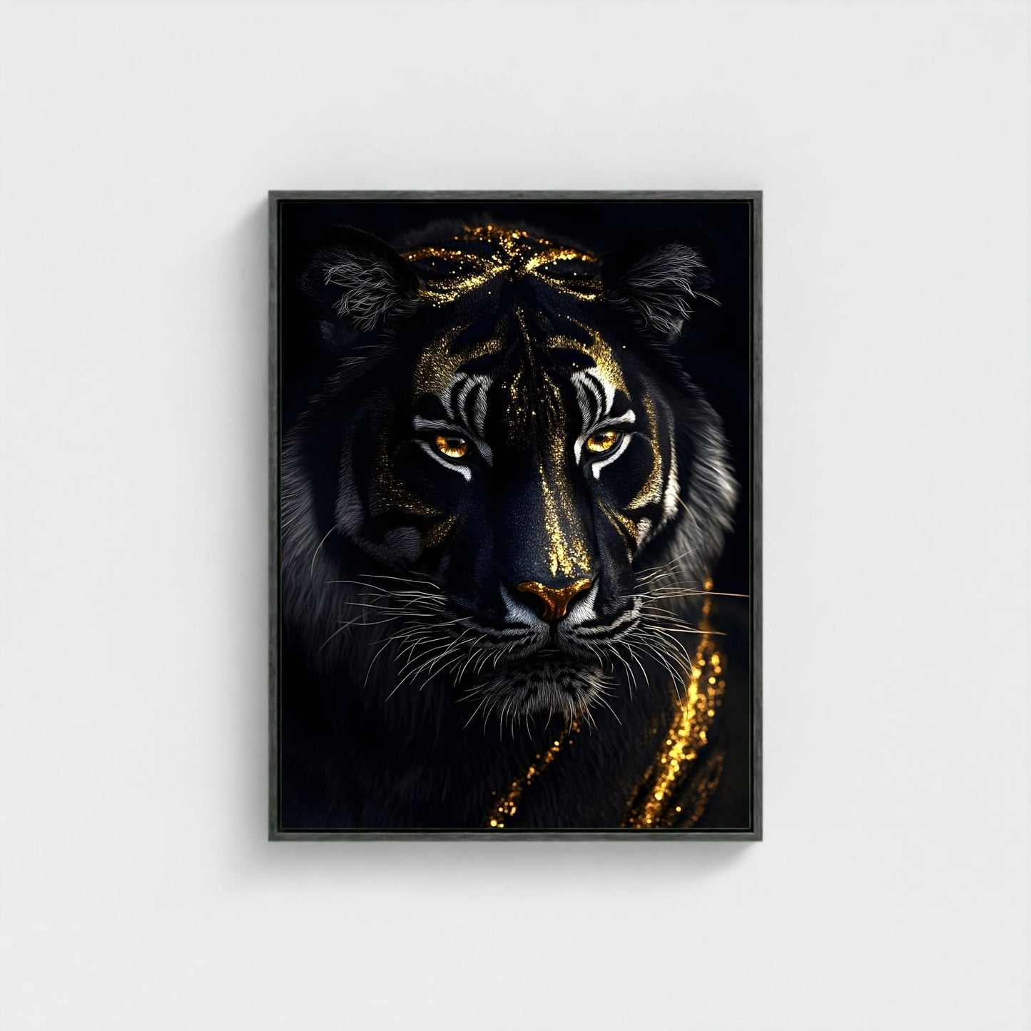 Mystical Black Golden Tiger Framed Wall Art Canvas Print - Dark Fantasy Animal Portrait Artwork