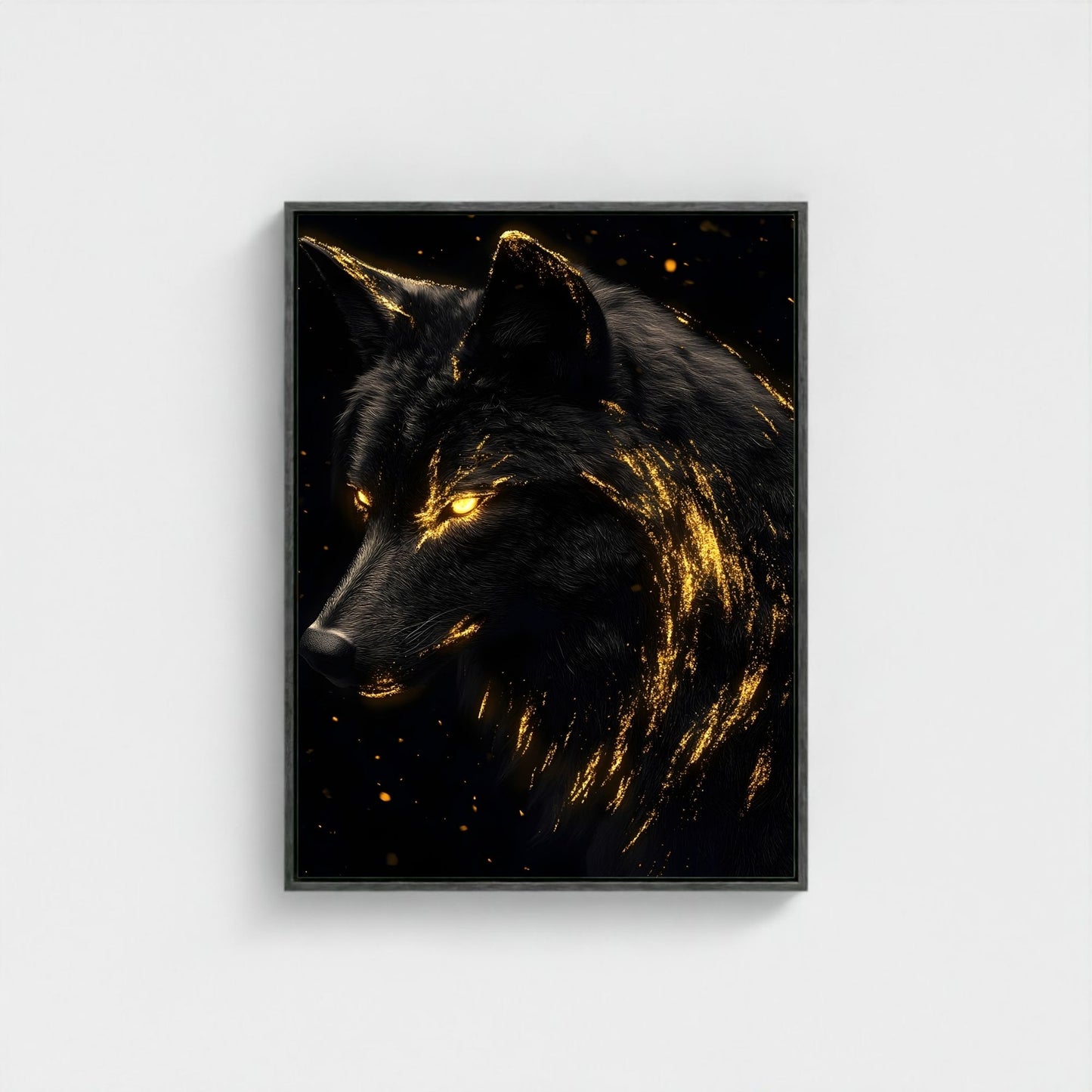 Mystical Black Golden Wolf Framed Wall Art Canvas Print - Dark Fantasy Wolf Portrait Artwork