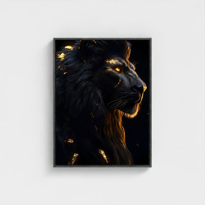 Black Golden Lion Framed Wall Art Canvas Print - Dark Fantasy Wild Animal Portrait Artwork for Modern Gothic Decor