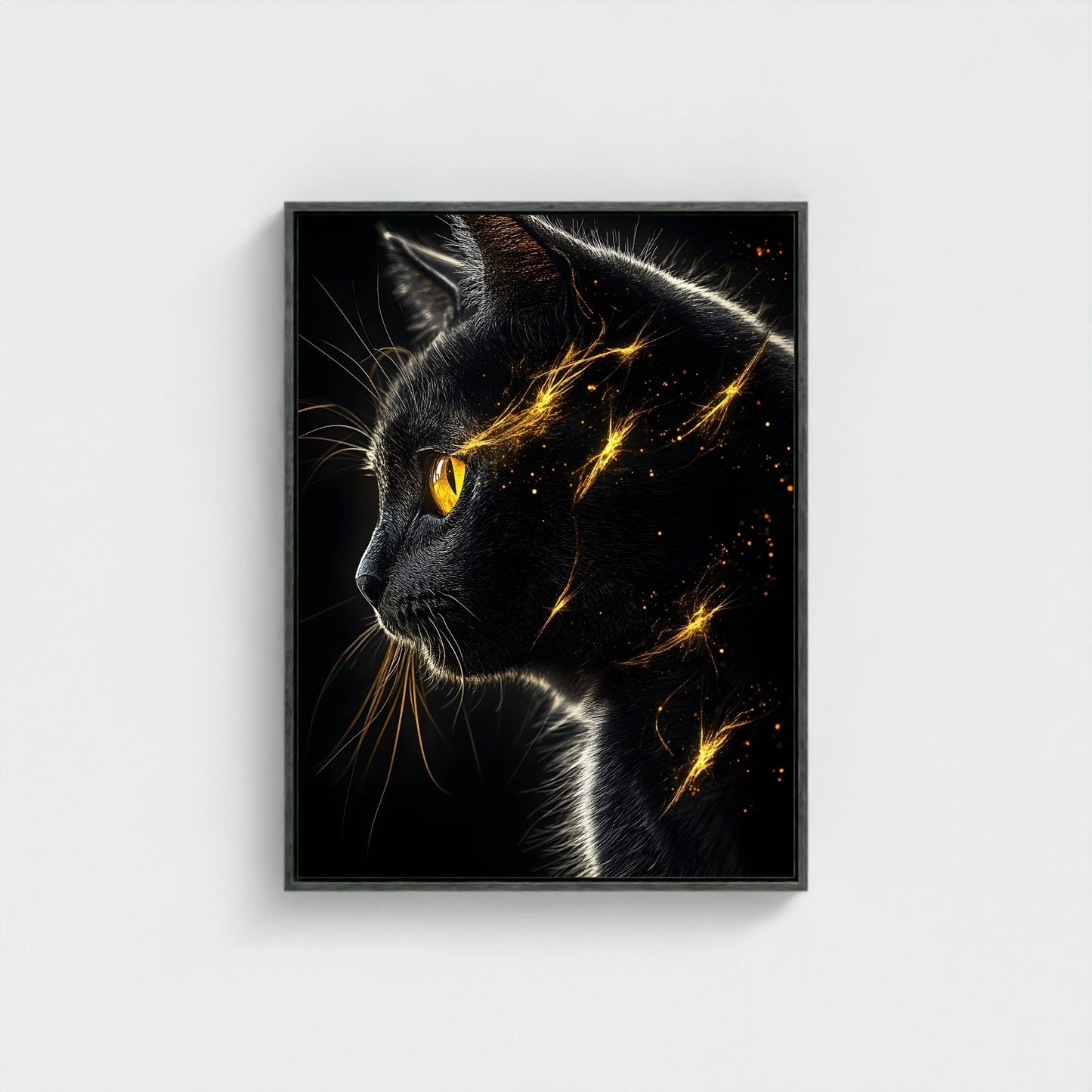 Mystical Black Golden Animal Framed Wall Art Canvas Print - Dark Fantasy Cat Portrait Artwork