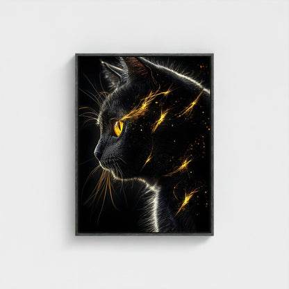 Mystical Black Golden Animal Framed Wall Art Canvas Print - Dark Fantasy Cat Portrait Artwork