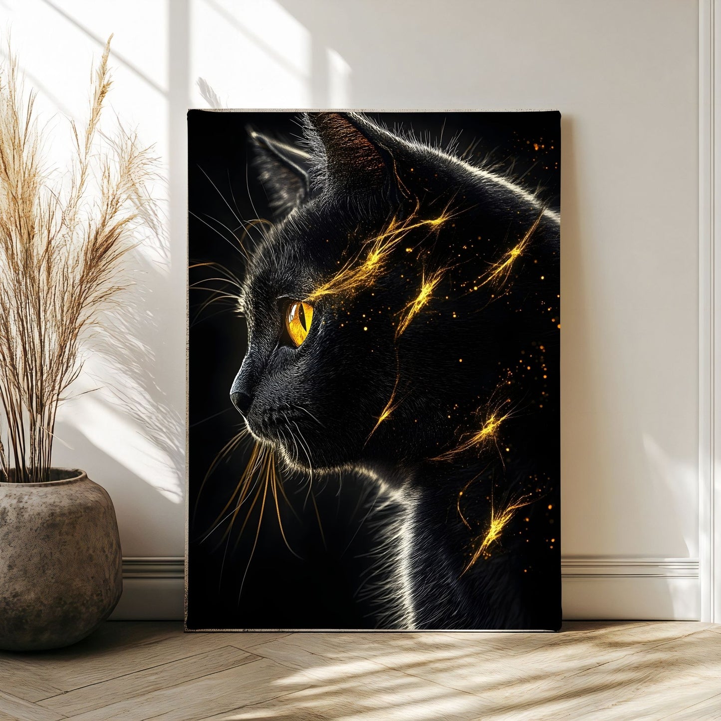 Canvas print of a black cat with glowing yellow accents on a wall in a room with a plant.