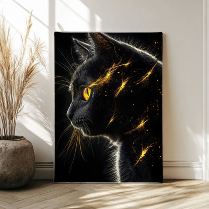 Canvas print of a black cat with glowing yellow accents on a wall in a room with a plant.