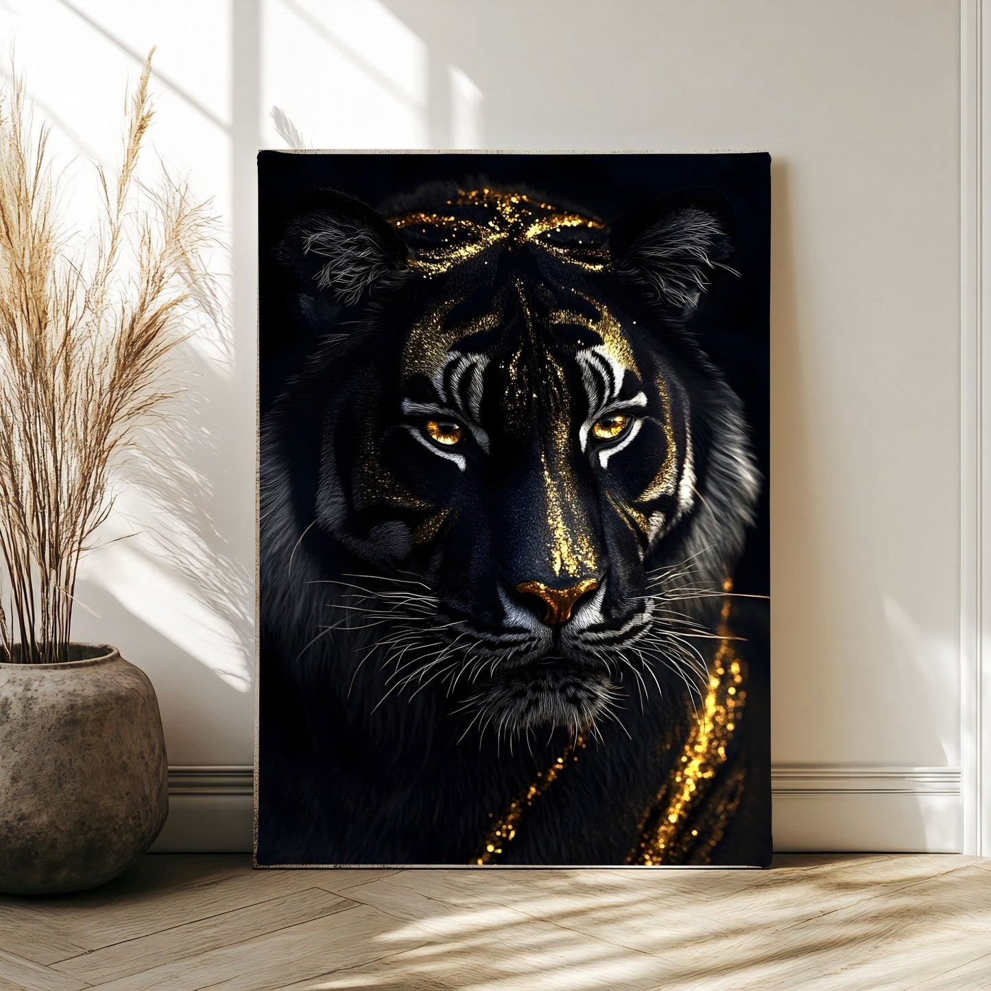 Mystical Black Golden Tiger Framed Wall Art Canvas Print - Dark Fantasy Animal Portrait Artwork