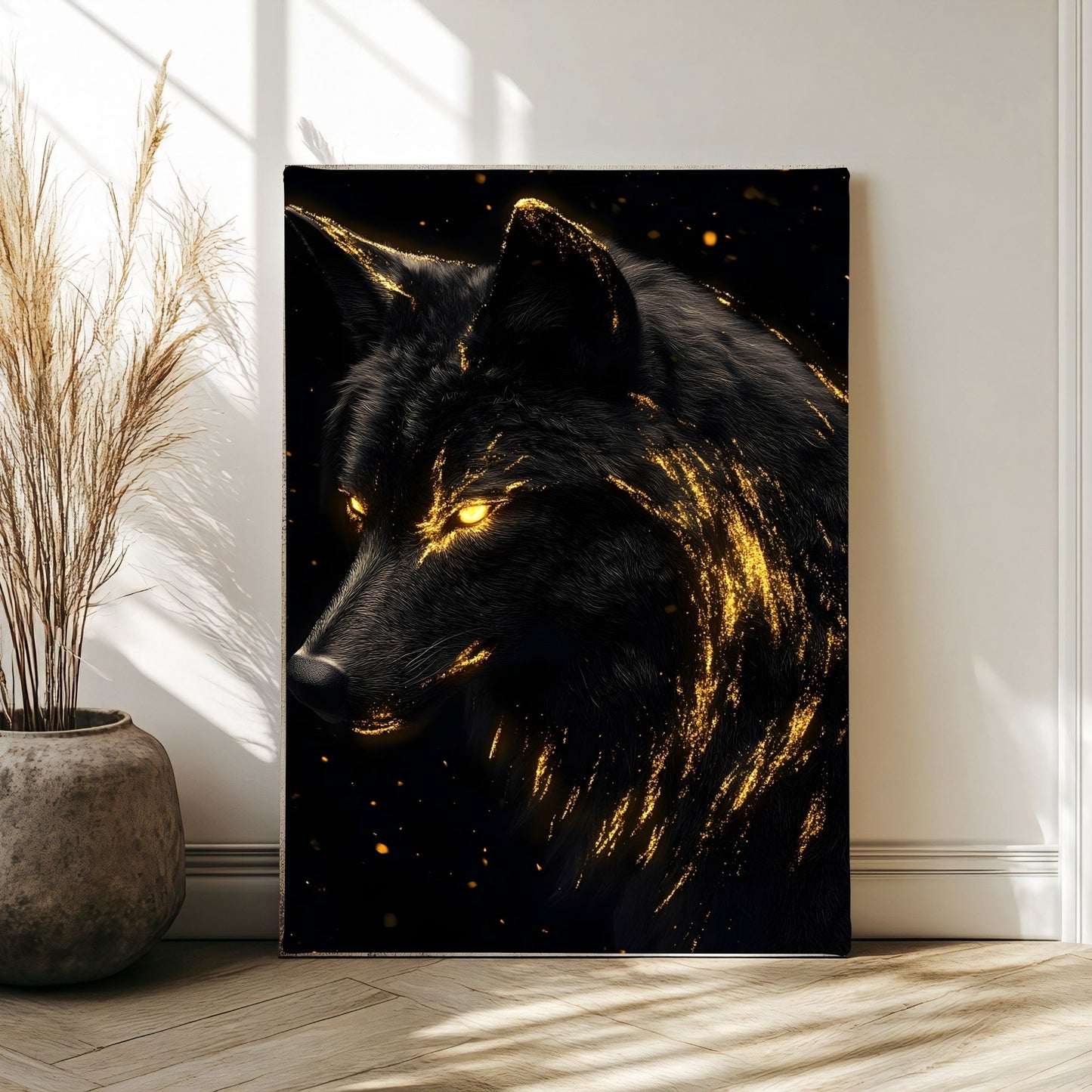 Mystical Black Golden Wolf Framed Wall Art Canvas Print - Dark Fantasy Wolf Portrait Artwork