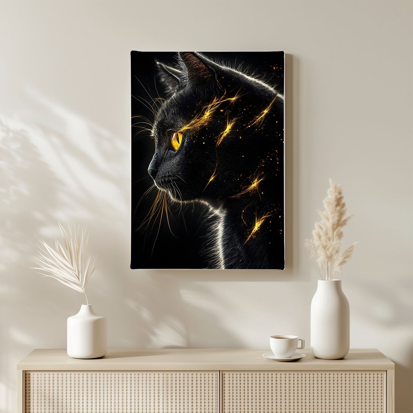Mystical Black Golden Animal Framed Wall Art Canvas Print - Dark Fantasy Cat Portrait Artwork