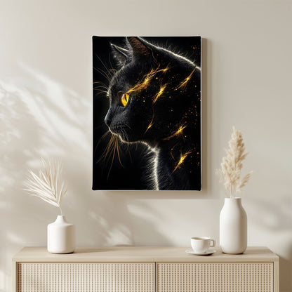 Mystical Black Golden Animal Framed Wall Art Canvas Print - Dark Fantasy Cat Portrait Artwork