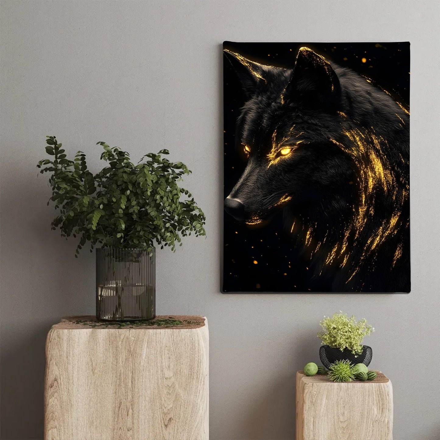 Mystical Black Golden Wolf Framed Wall Art Canvas Print - Dark Fantasy Wolf Portrait Artwork