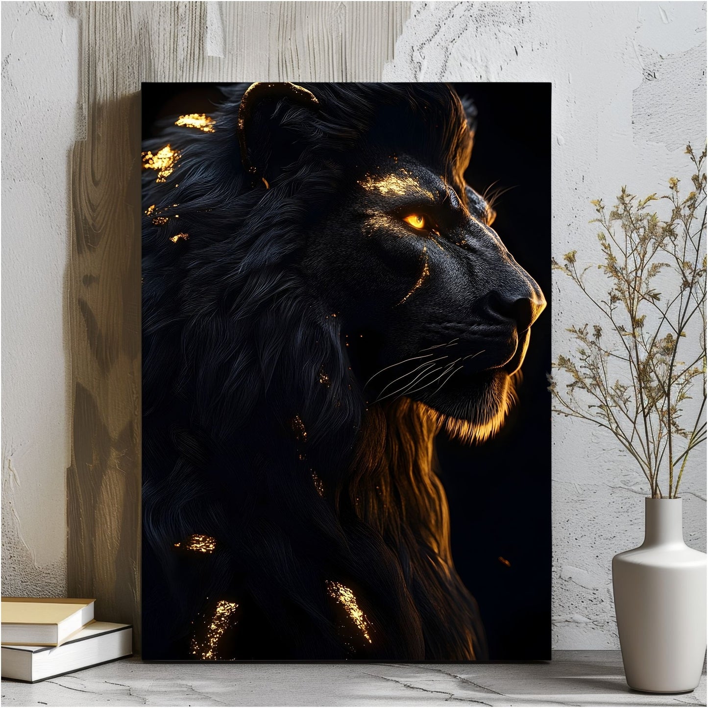 Black Golden Lion Framed Wall Art Canvas Print - Dark Fantasy Wild Animal Portrait Artwork for Modern Gothic Decor