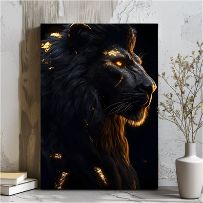 Black Golden Lion Framed Wall Art Canvas Print - Dark Fantasy Wild Animal Portrait Artwork for Modern Gothic Decor