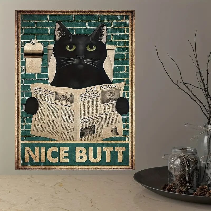 Black Cat Reading Newspaper Canvas Print | Funny Inspirational Quotes Wall Art Animals Pictures For Bathroom Fine Art Home Décor