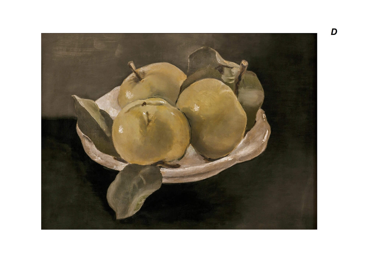 A rustic painting depicting a white bowl containing three yellow apples with stems and leaves, set against a dark background.