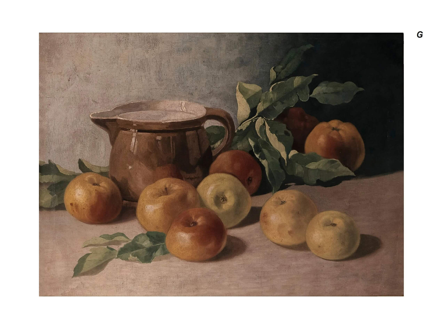 A rustic painting featuring a brown ceramic pitcher surrounded by several apples and green leaves on a flat surface. 