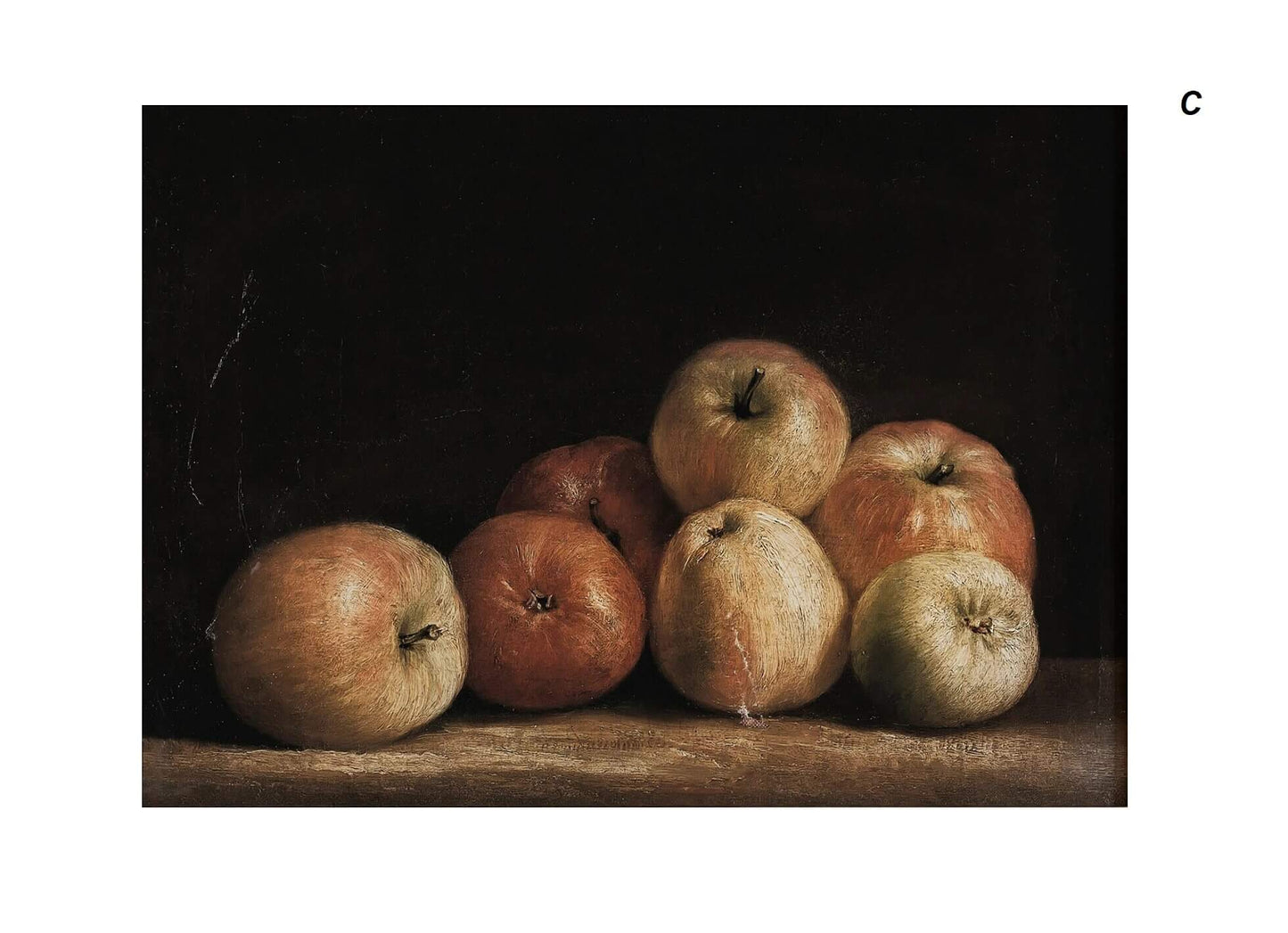 A still life painting featuring a group of apples in various shades of red and green, arranged on a wooden surface against a dark background