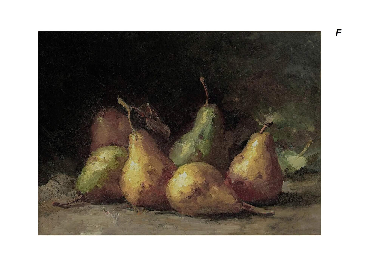 A rustic poster featuring a group of pears in various shades of green and yellow, set against a dark background.