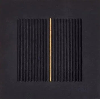 Black square with a gold line in the center on a black background