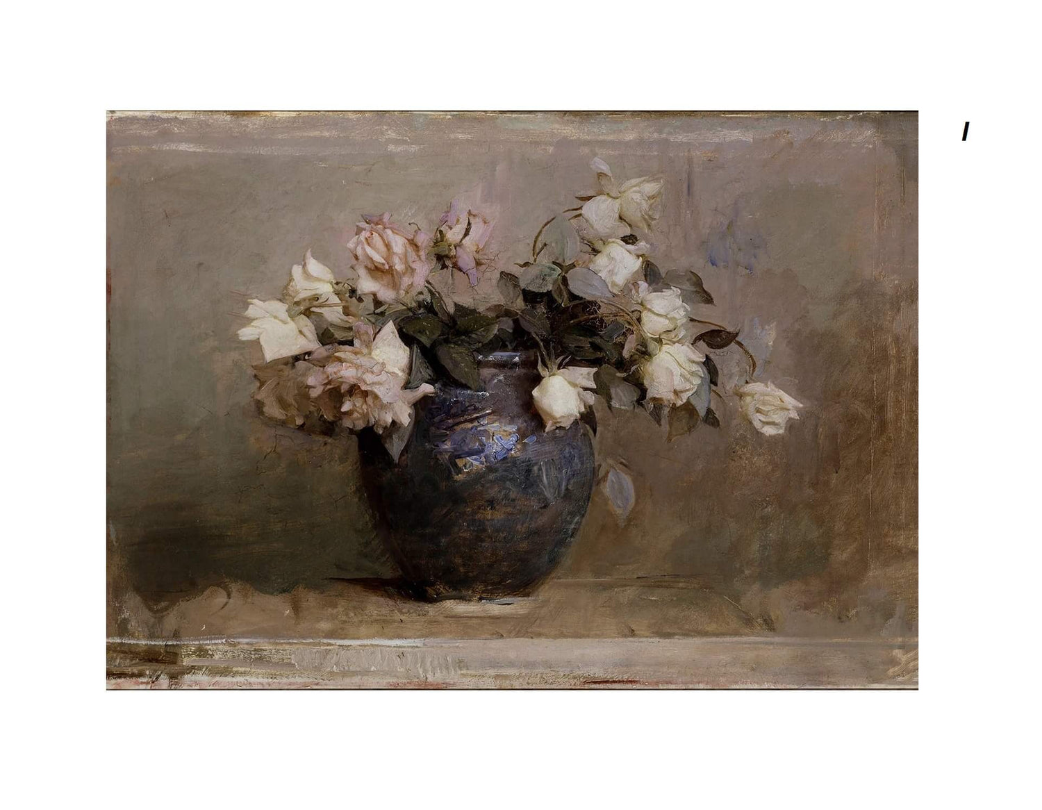 A rustic painting of a dark blue vase filled with white and pale pink roses, set against a muted, textured background.