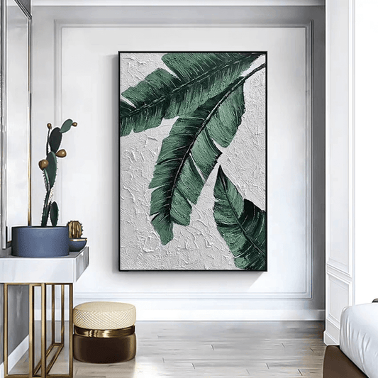 Nature-Inspired Botanical Hand-Painted Art Oversized Green Leaf Canvas