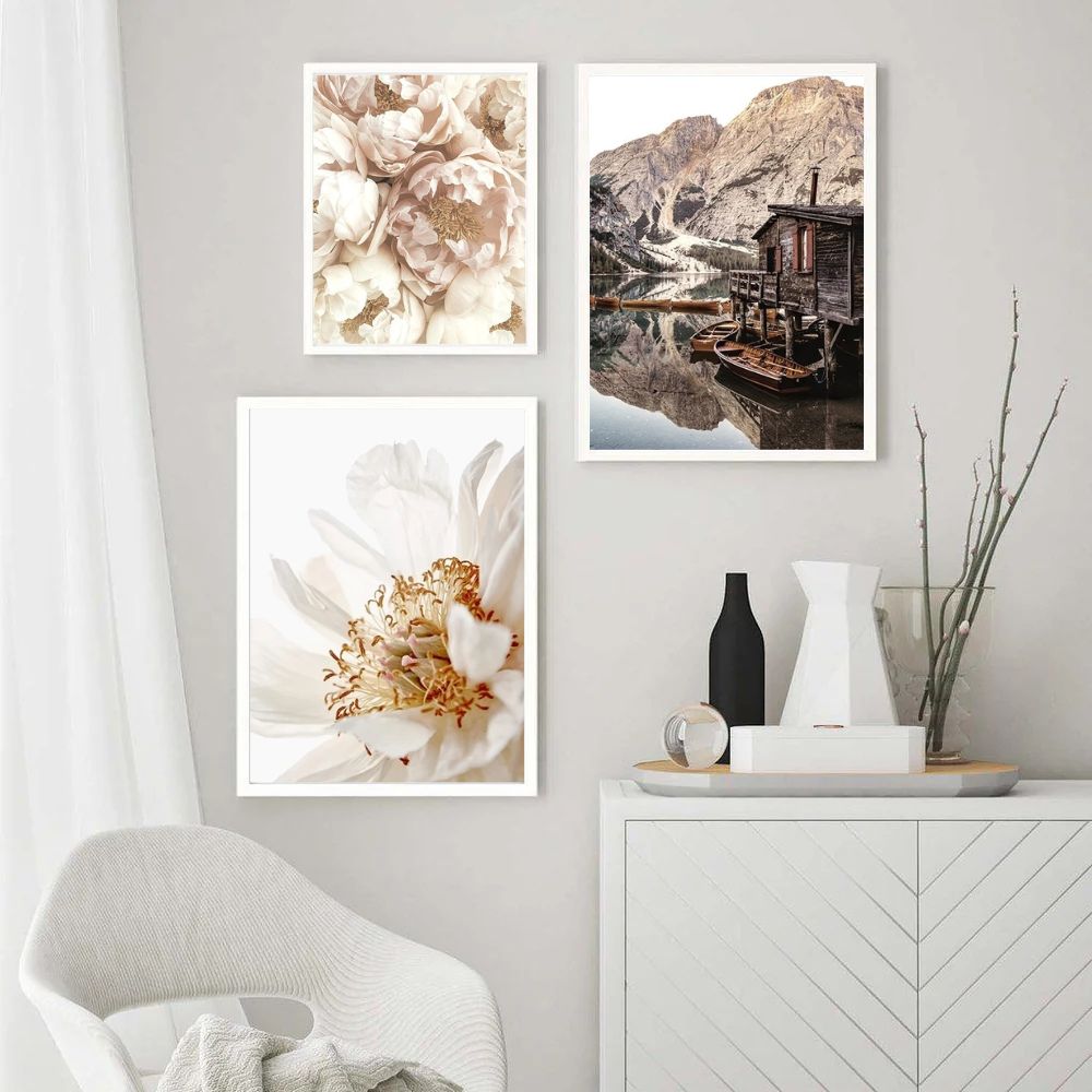 Pastel Nordic Landscape Scenery White Flower Canvas Prints Gallery Wall Art Set Of 3 Posters For Modern Scandinavian Living Room Wall Decor