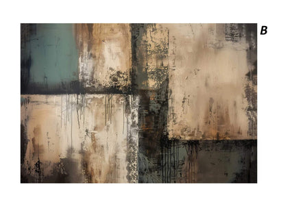 Abstract art piece with geometric patterns in brown, black, and beige tones.