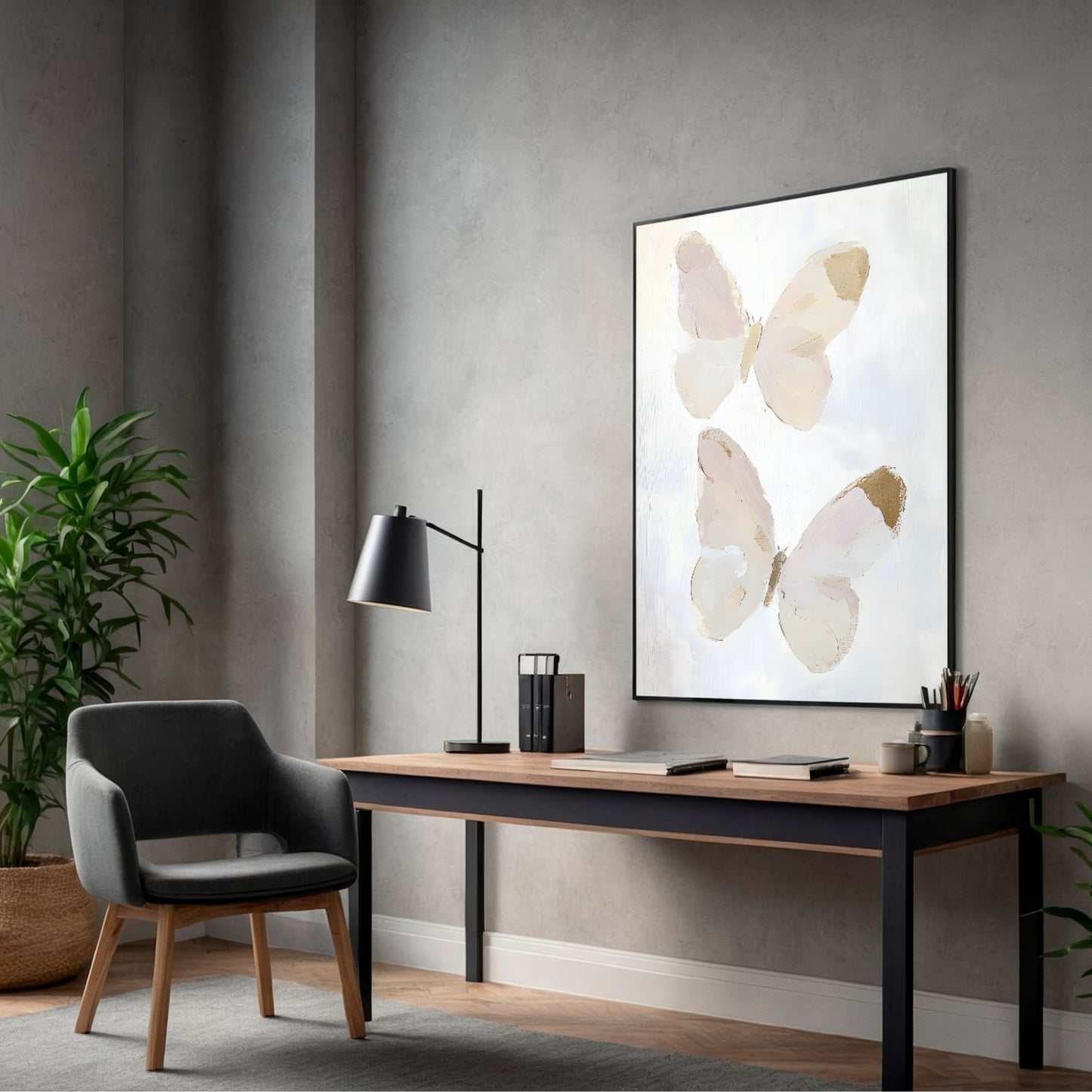 Abstract Butterfly Wall Art Canvas Print - Framed Neutral Beige Wall Art