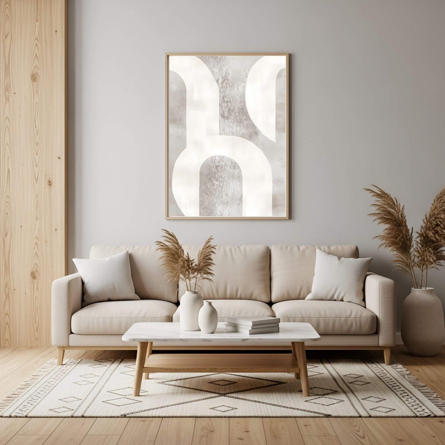 Neutral Abstract Geometric Framed Wall Art Canvas Print - Minimalist Modern Shape Artwork