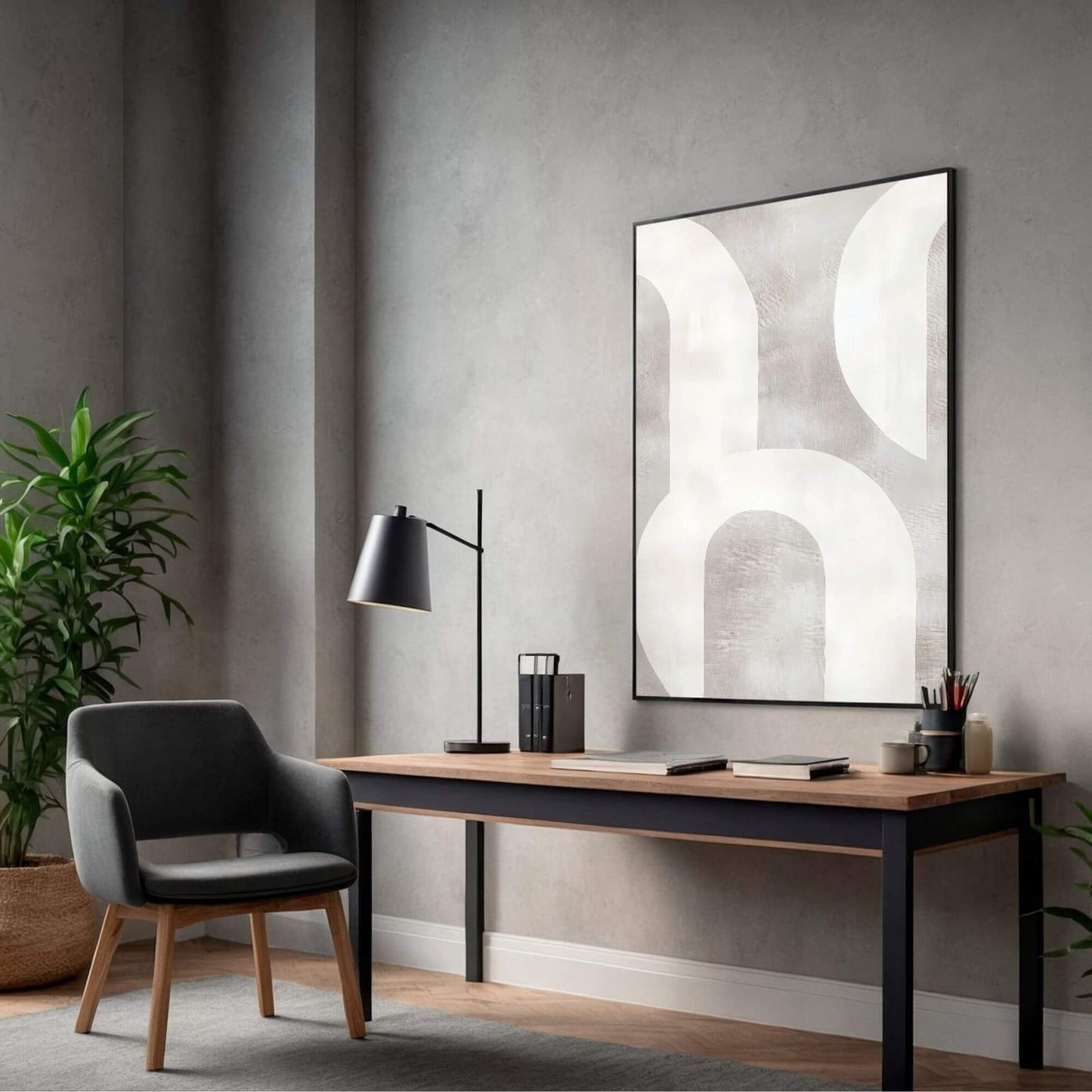 Neutral Abstract Geometric Framed Wall Art Canvas Print - Minimalist Modern Shape Artwork