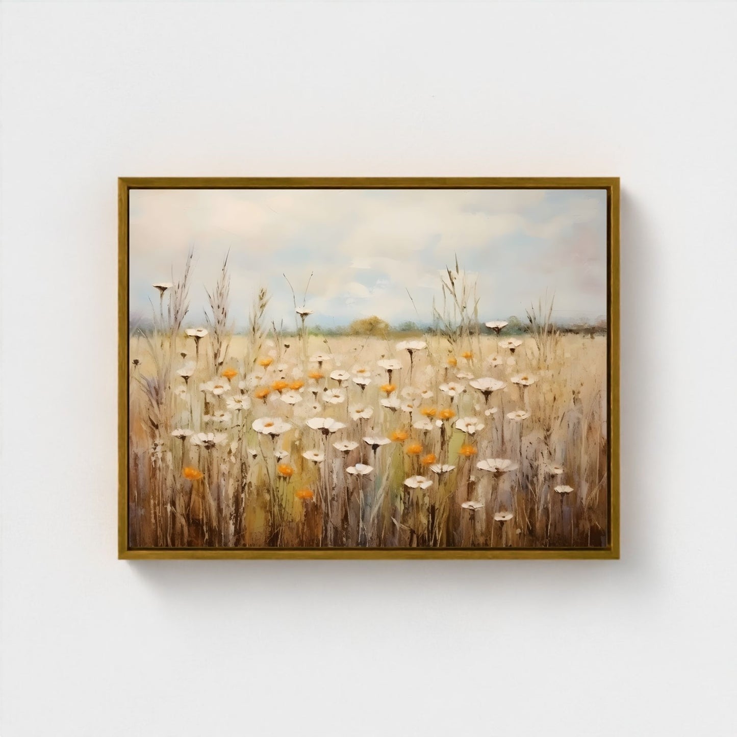 Neutral Daisy Field Framed Wall Art Canvas Print – Soft Wildflower Meadow Artwork for Rustic Farmhouse