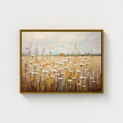 Neutral Daisy Field Framed Wall Art Canvas Print – Soft Wildflower Meadow Artwork for Rustic Farmhouse