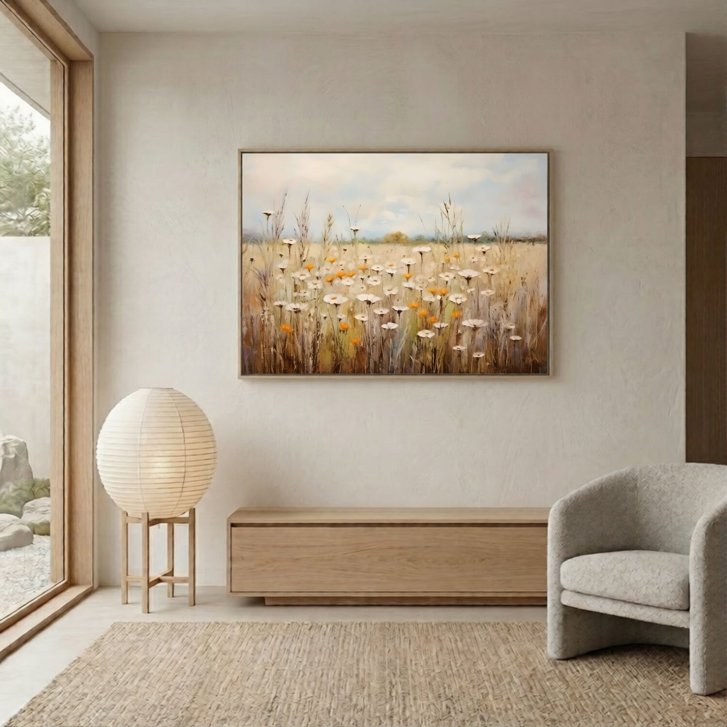 Neutral Daisy Field Framed Wall Art Canvas Print – Soft Wildflower Meadow Artwork for Rustic Farmhouse