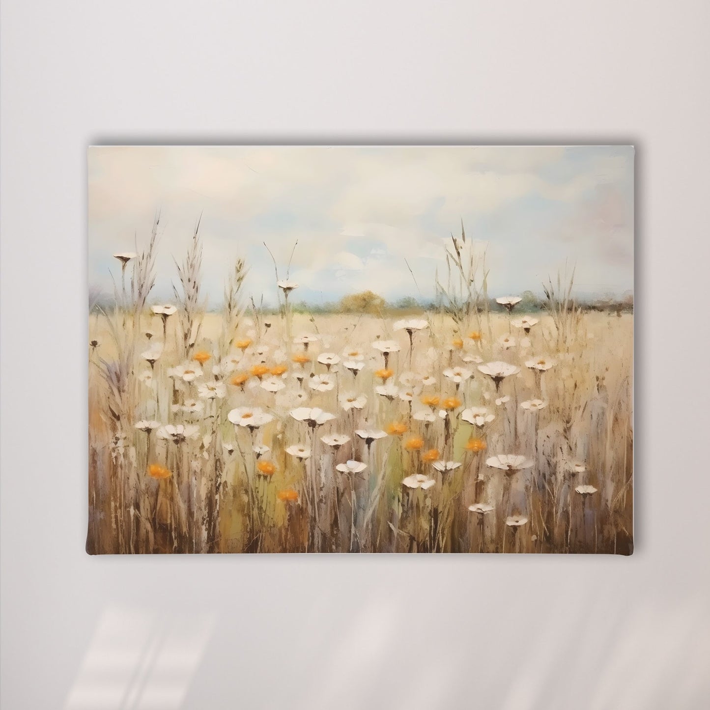 Neutral Daisy Field Framed Wall Art Canvas Print – Soft Wildflower Meadow Artwork for Rustic Farmhouse
