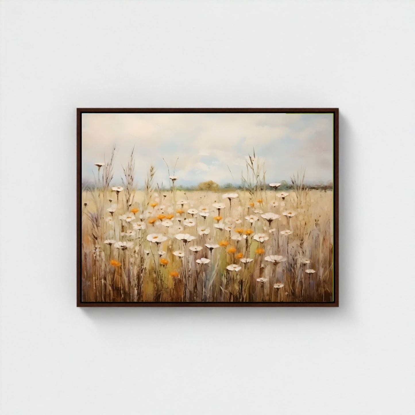 Neutral Daisy Field Framed Wall Art Canvas Print – Soft Wildflower Meadow Artwork for Rustic Farmhouse