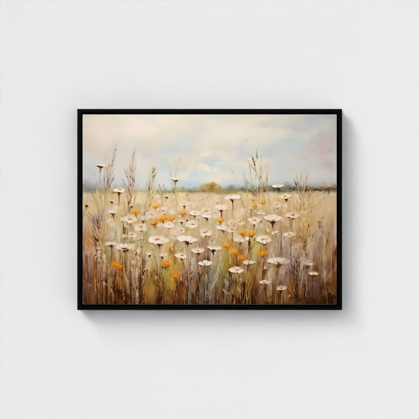 Neutral Daisy Field Framed Wall Art Canvas Print – Soft Wildflower Meadow Artwork for Rustic Farmhouse